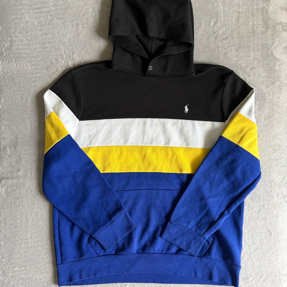 Polo Ralph Lauren Mens XL Colorblock Hoodie Black White Yellow Blue Pony Logo